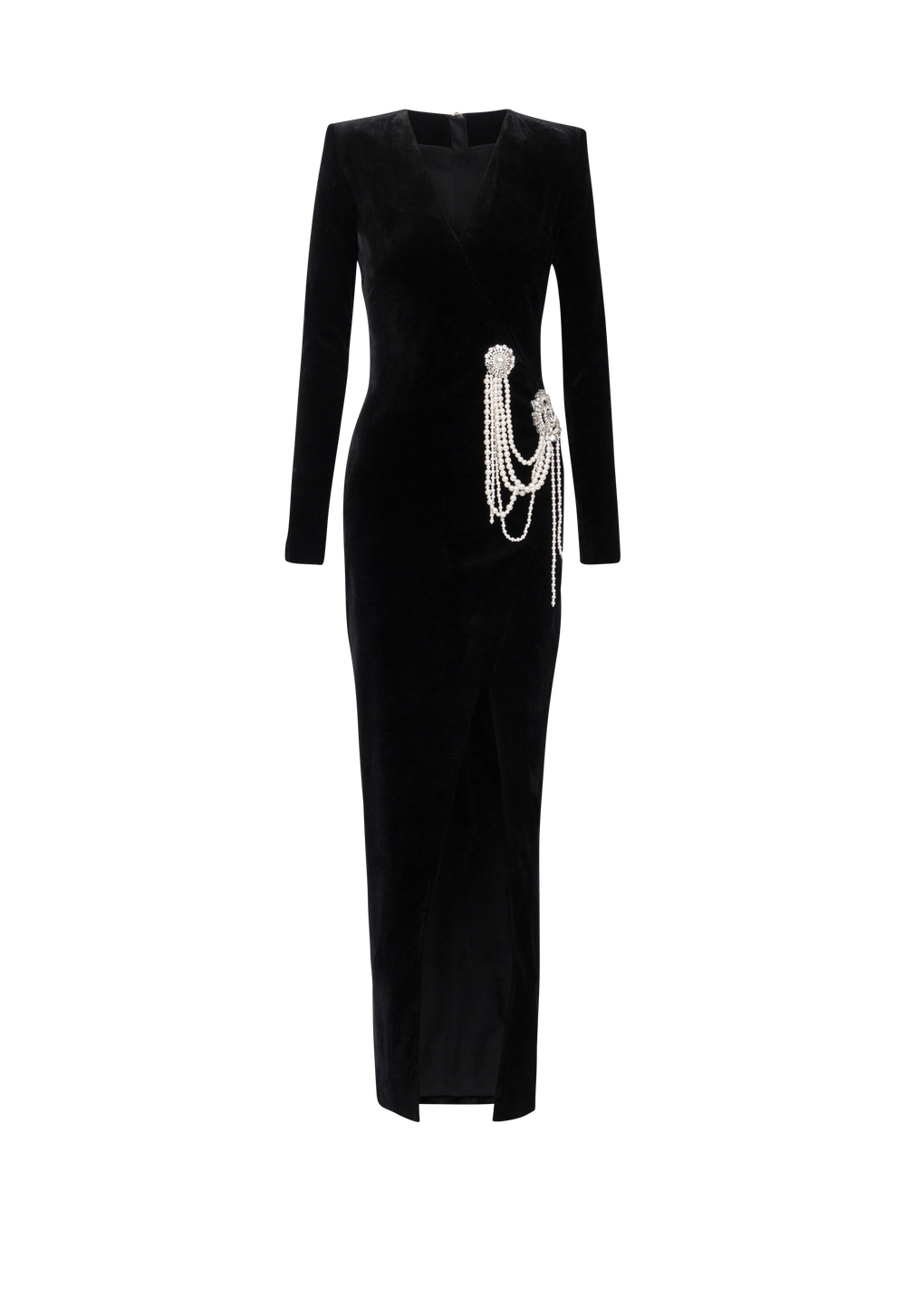 Long velvet dress with embroidery, black, hi-res