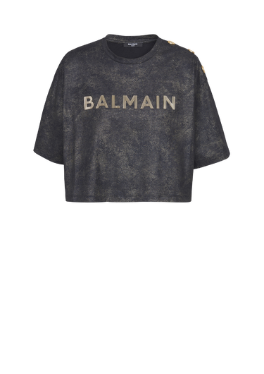 Cropped eco-responsible cotton T-shirt with textured Balmain logo print