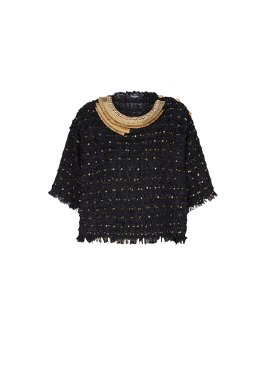 Embroidered tweed crop top